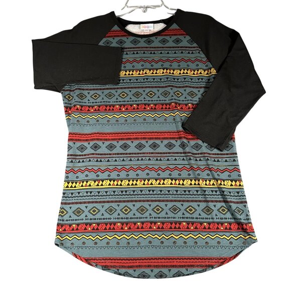 LuLaRoe Randy Shirt Womens Med Black Aztec Pattern 3/4 Sleeve Raglan Top Retro - Picture 1 of 9